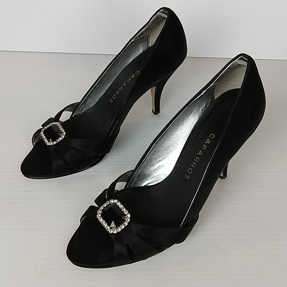 Caparros Black Satin Strappy Open Toe Black Onyx Rhinestone Jeweled Vamp Heel - Picture 4 of 13